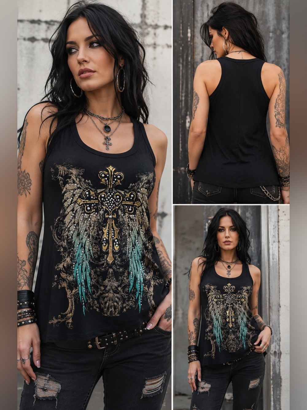 Liberty Wear Embellished Cross & Feather Tank Top Black Size Small